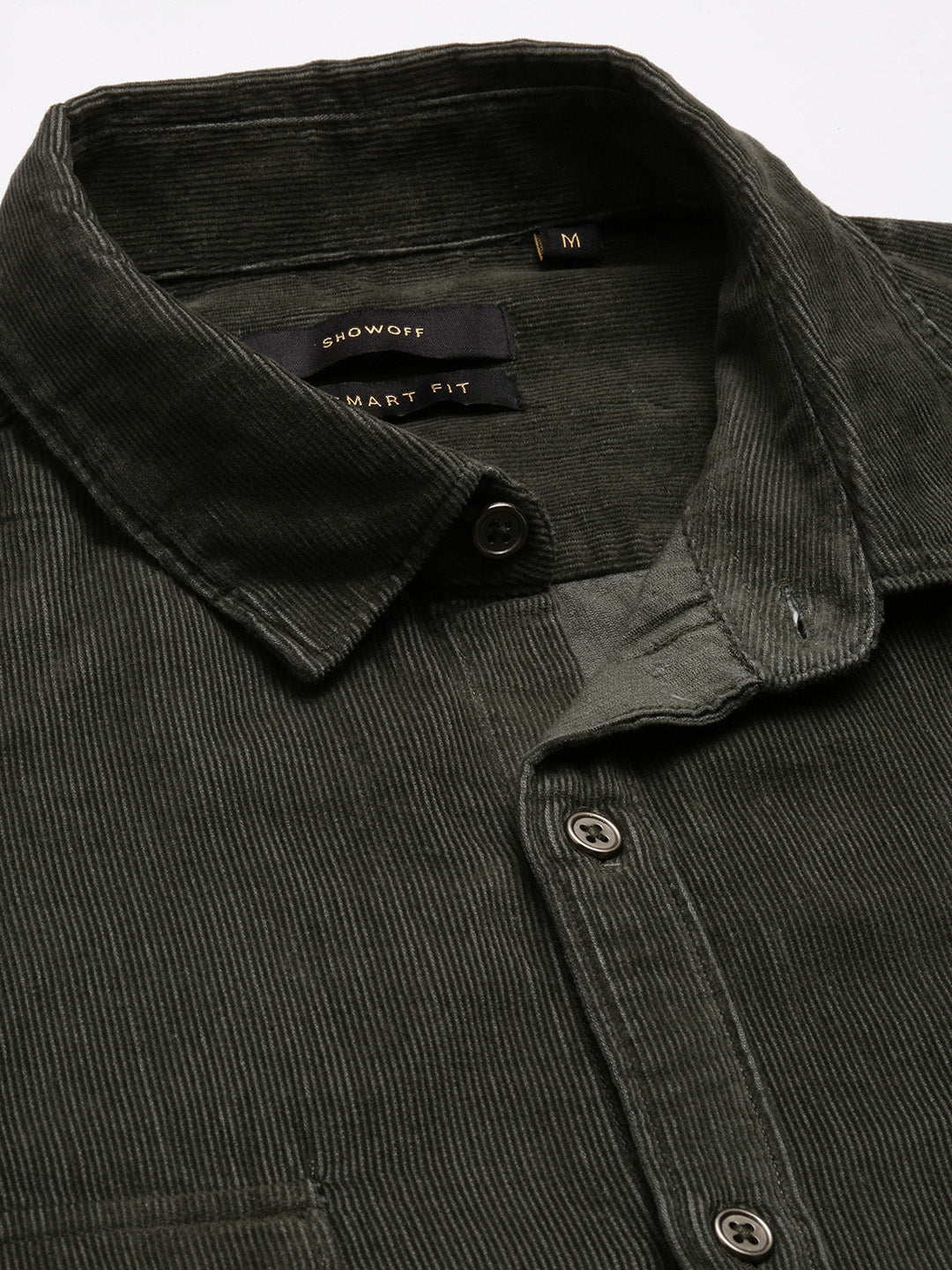 Men Spread Collar Corduroy Solid Olive Casual Shirt