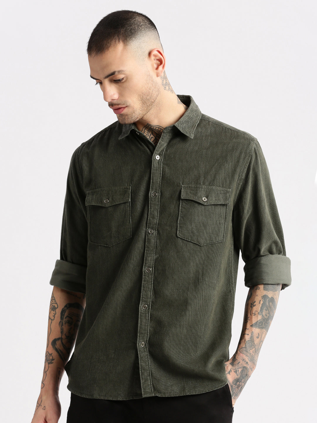 Men Spread Collar Corduroy Solid Olive Casual Shirt