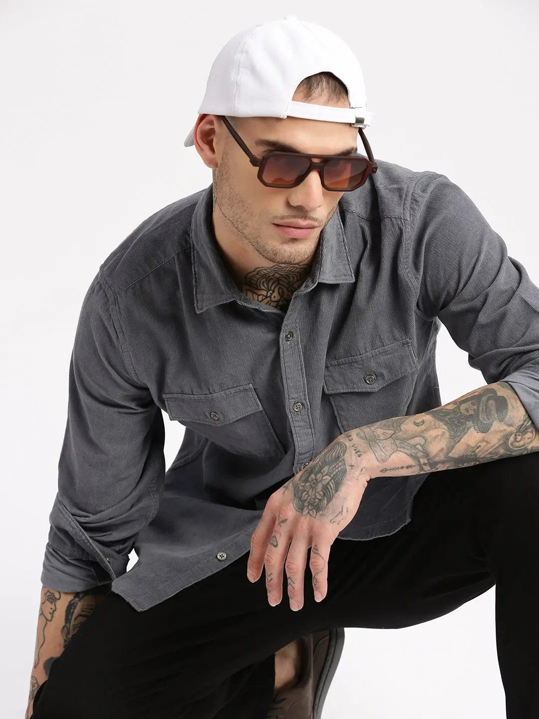 Men's Spread Collar Corduroy Solid Grey Casual Shirt