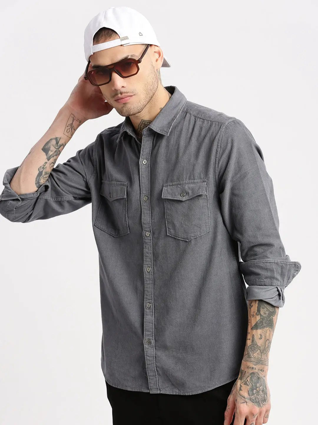 Men's Spread Collar Corduroy Solid Grey Casual Shirt