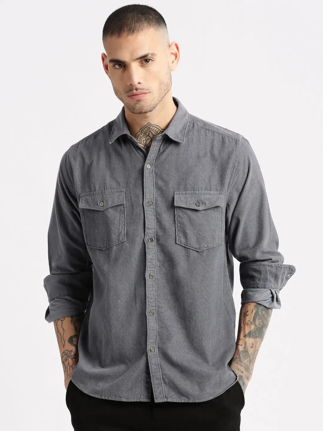 Men's Spread Collar Corduroy Solid Grey Casual Shirt