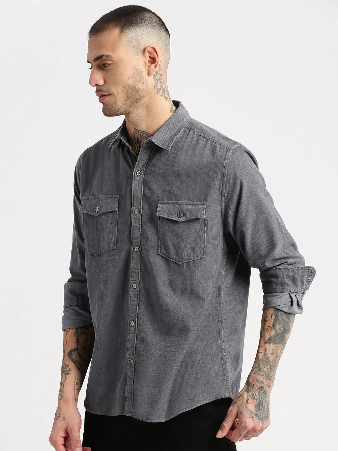 Men's Spread Collar Corduroy Solid Grey Casual Shirt