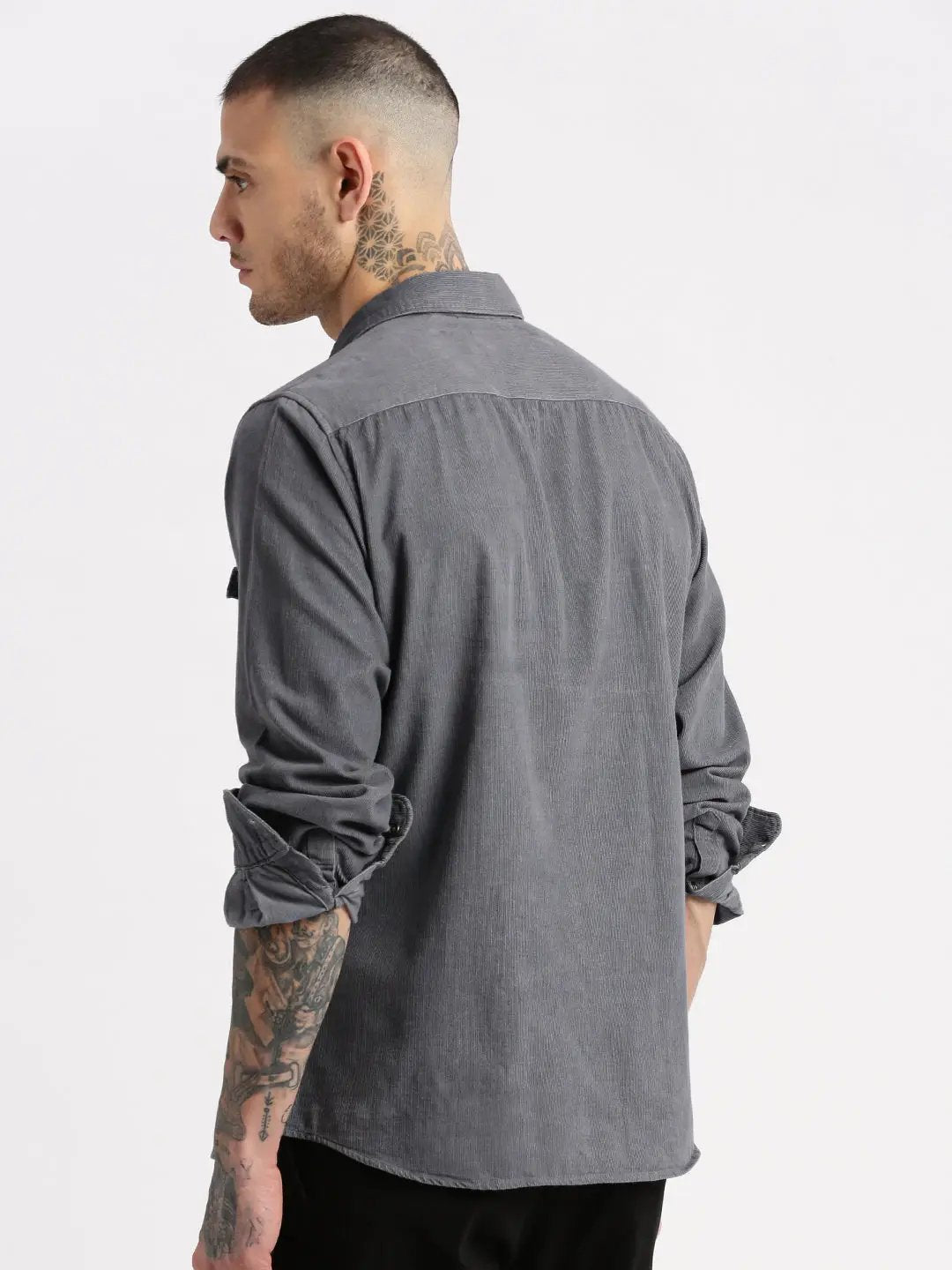 Men's Spread Collar Corduroy Solid Grey Casual Shirt