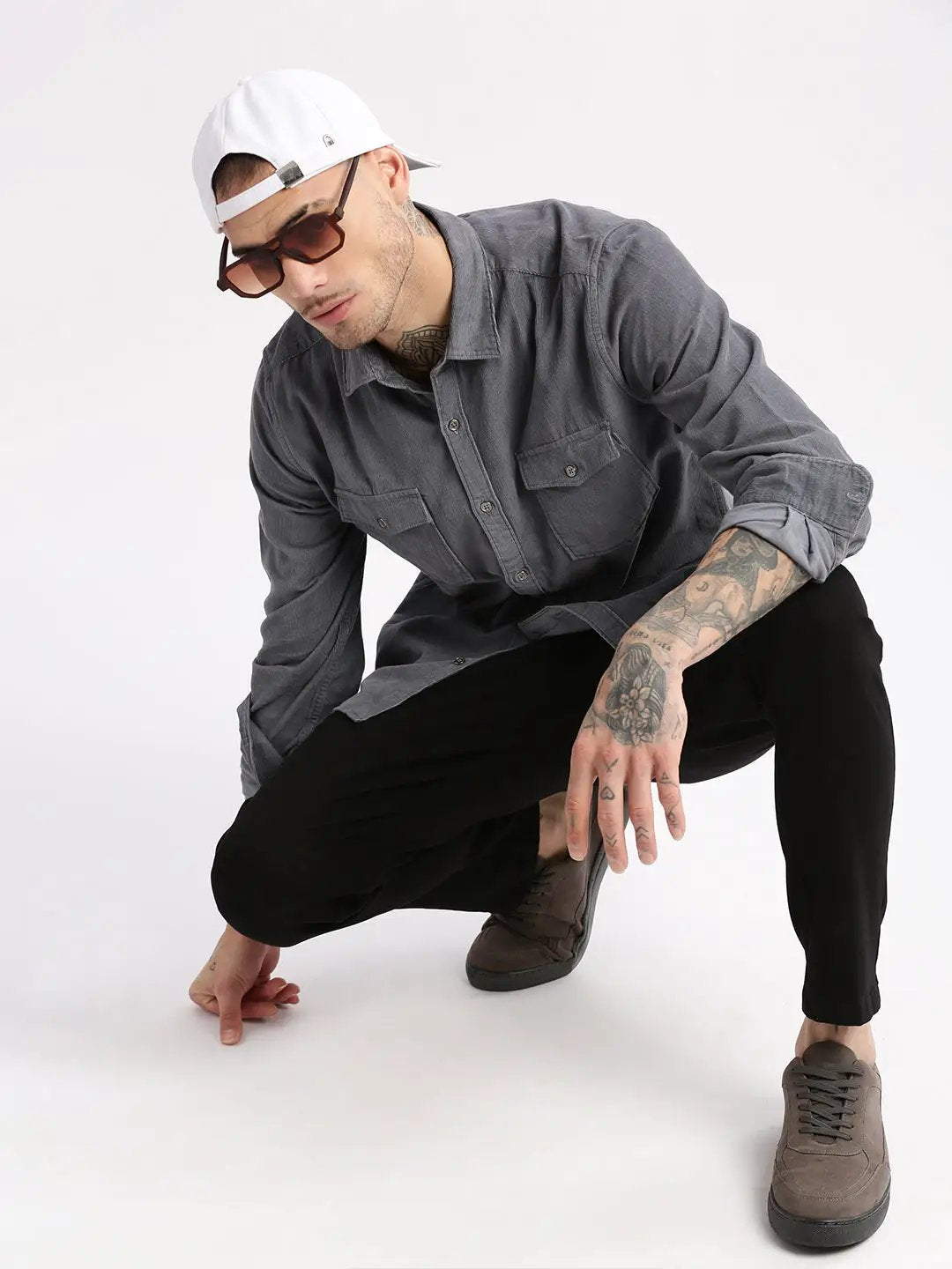 Men's Spread Collar Corduroy Solid Grey Casual Shirt