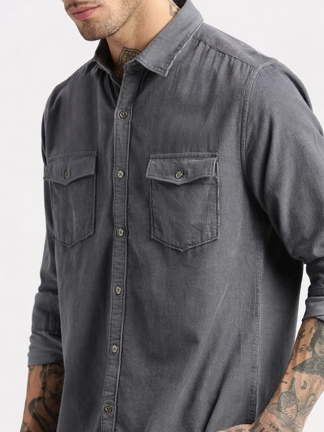 Men's Spread Collar Corduroy Solid Grey Casual Shirt
