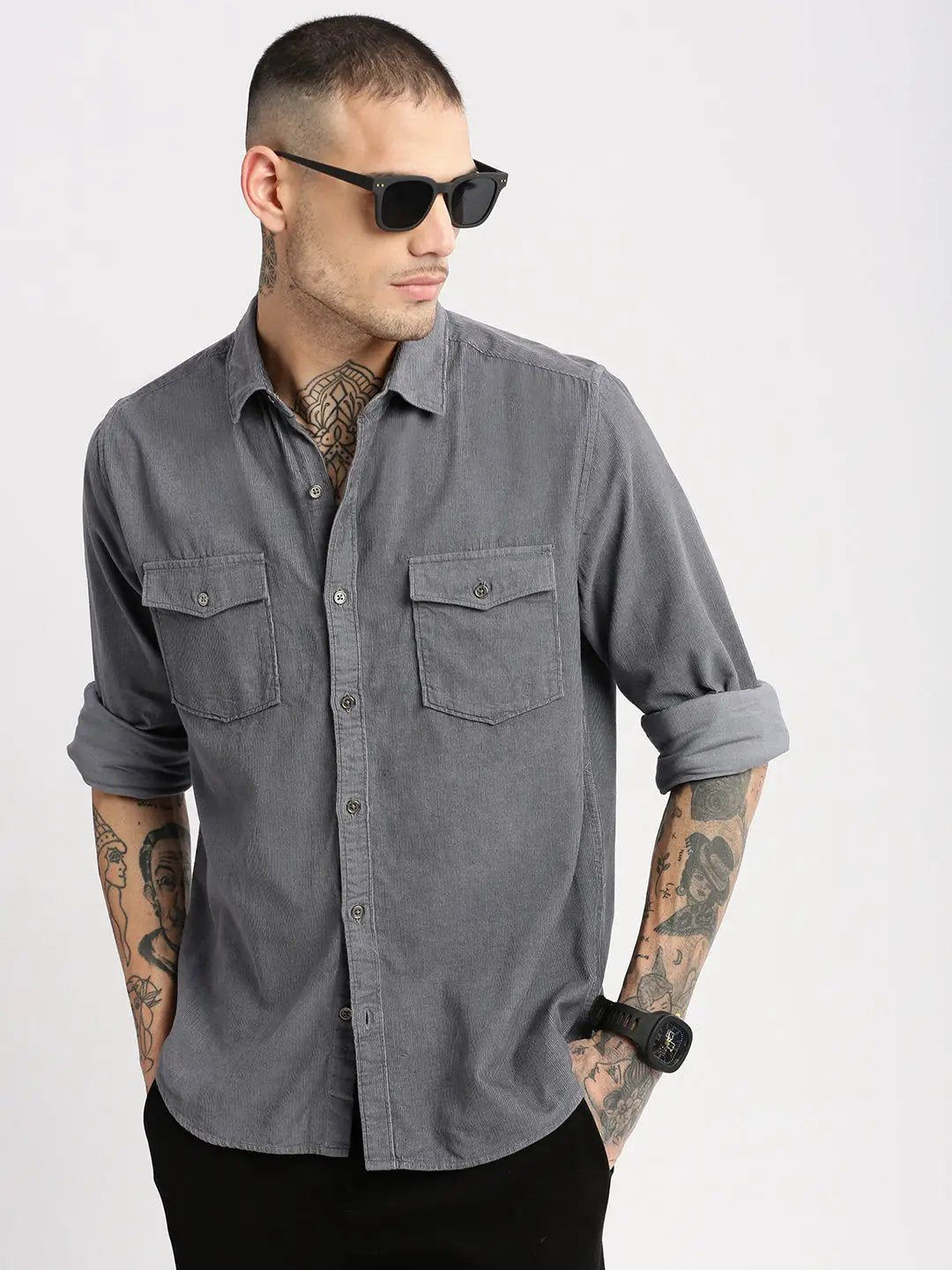 Men's Spread Collar Corduroy Solid Grey Casual Shirt
