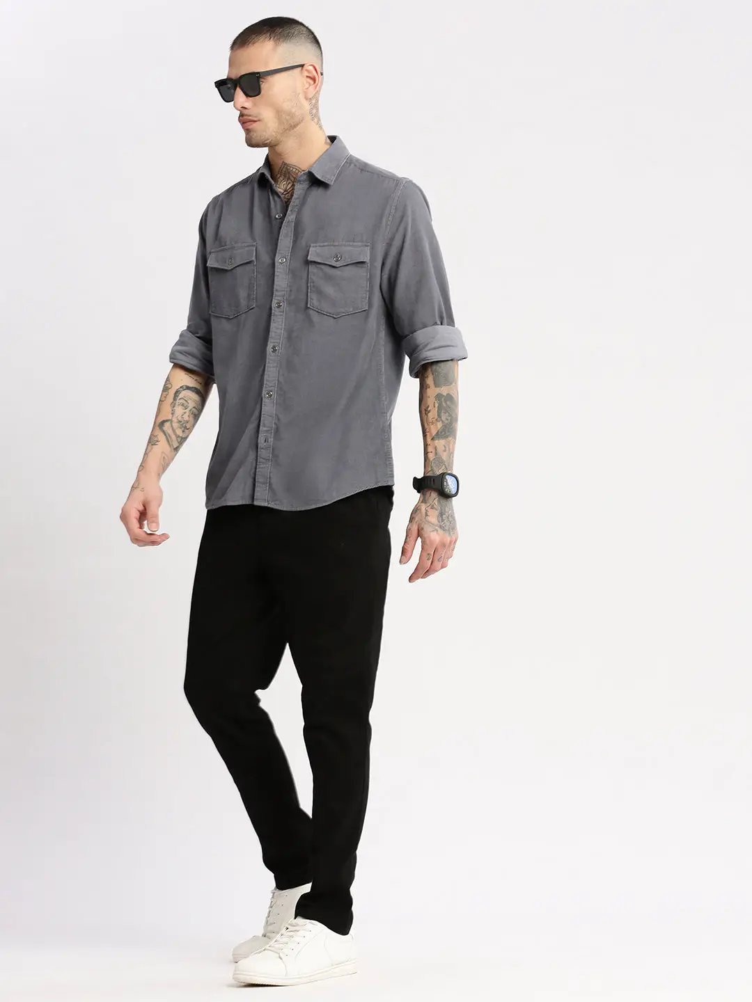 Men's Spread Collar Corduroy Solid Grey Casual Shirt