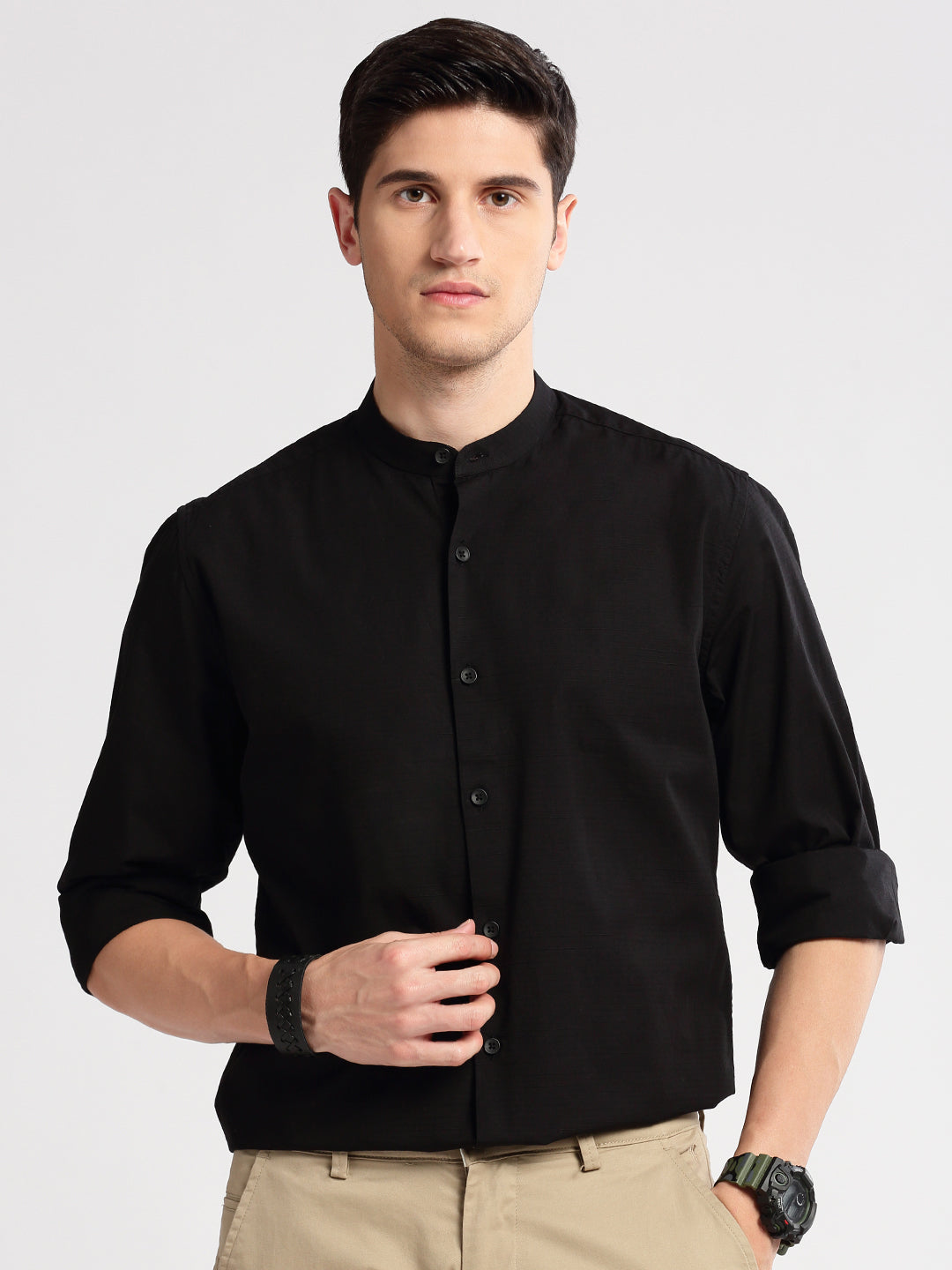 Men Mandarin Collar Horizontal Stripes Black Casual Shirt