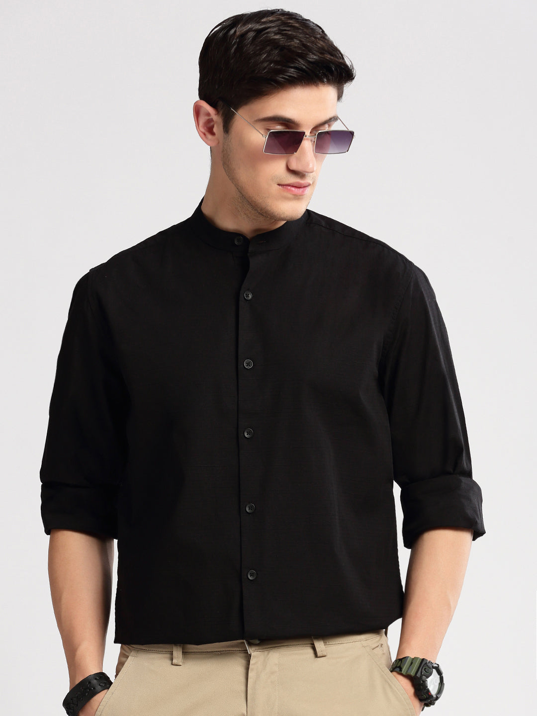 Men Mandarin Collar Horizontal Stripes Black Casual Shirt