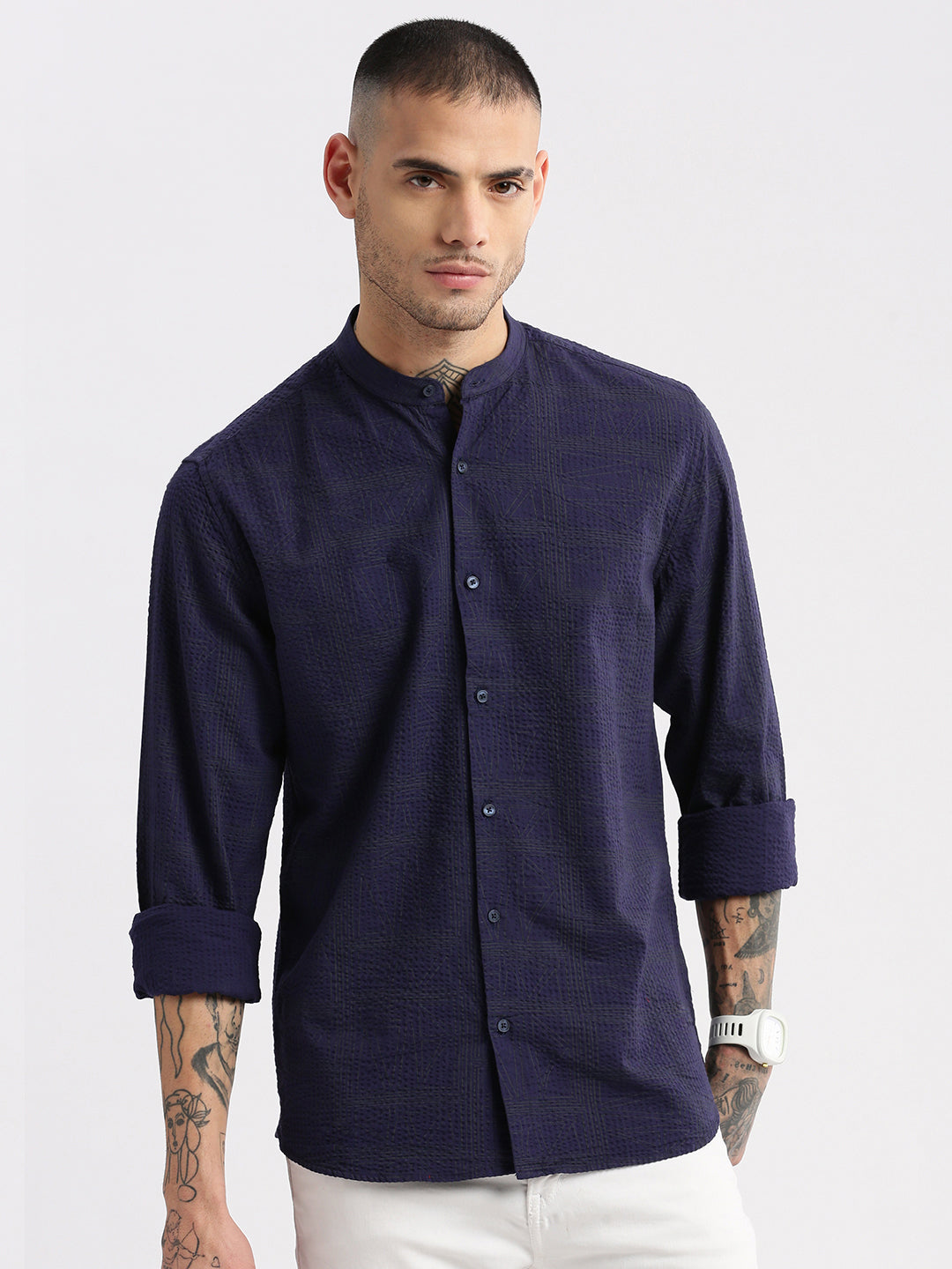 Men Mandarin Collar Geometric Navy Blue Casual Shirt