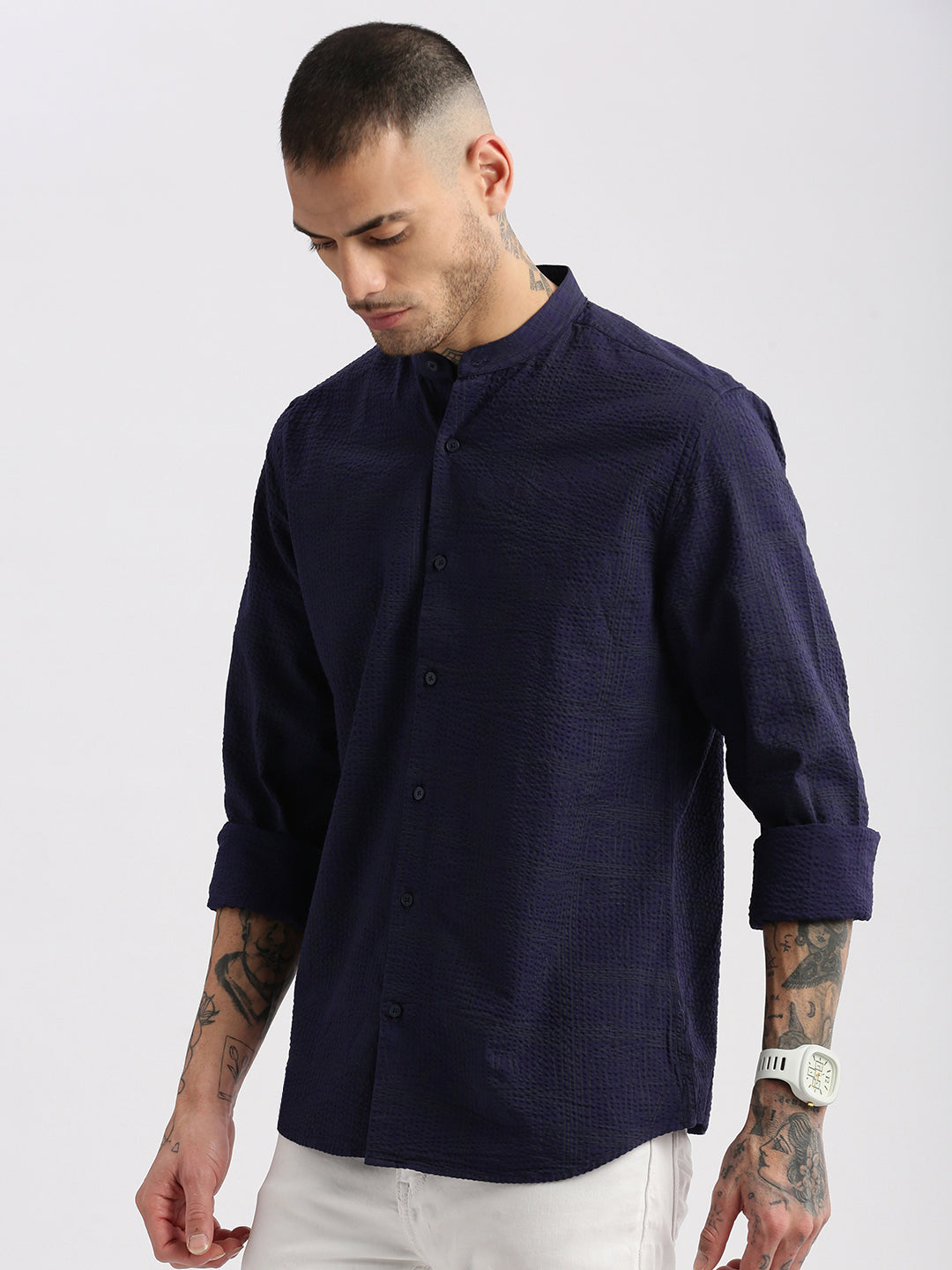 Men Mandarin Collar Geometric Navy Blue Casual Shirt