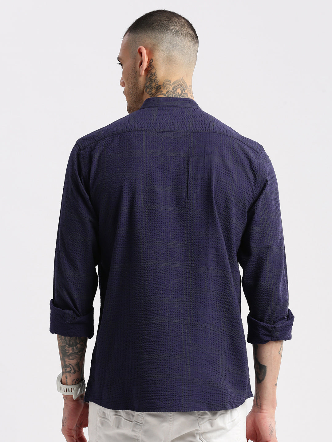 Men Mandarin Collar Geometric Navy Blue Casual Shirt