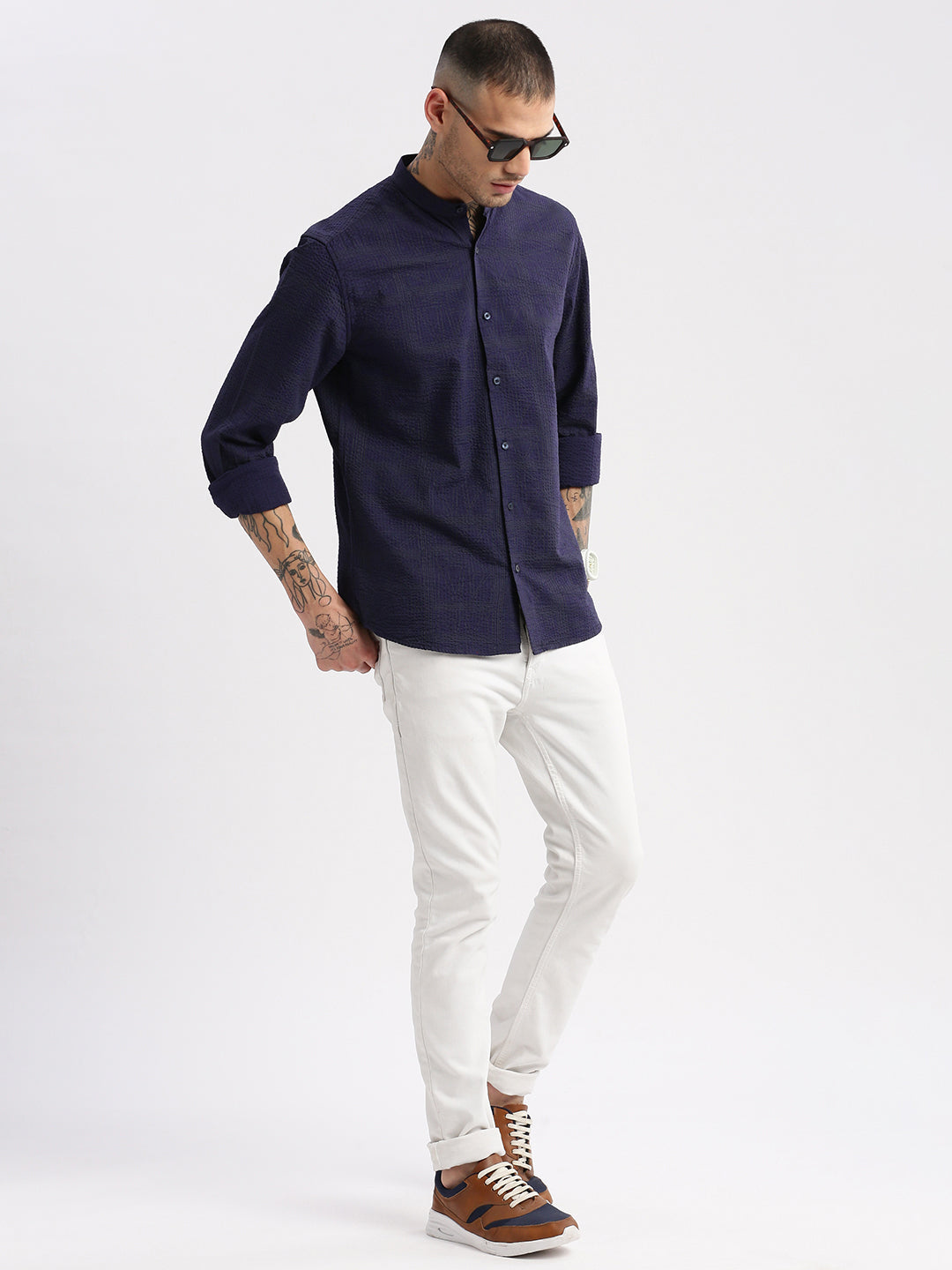 Men Mandarin Collar Geometric Navy Blue Casual Shirt