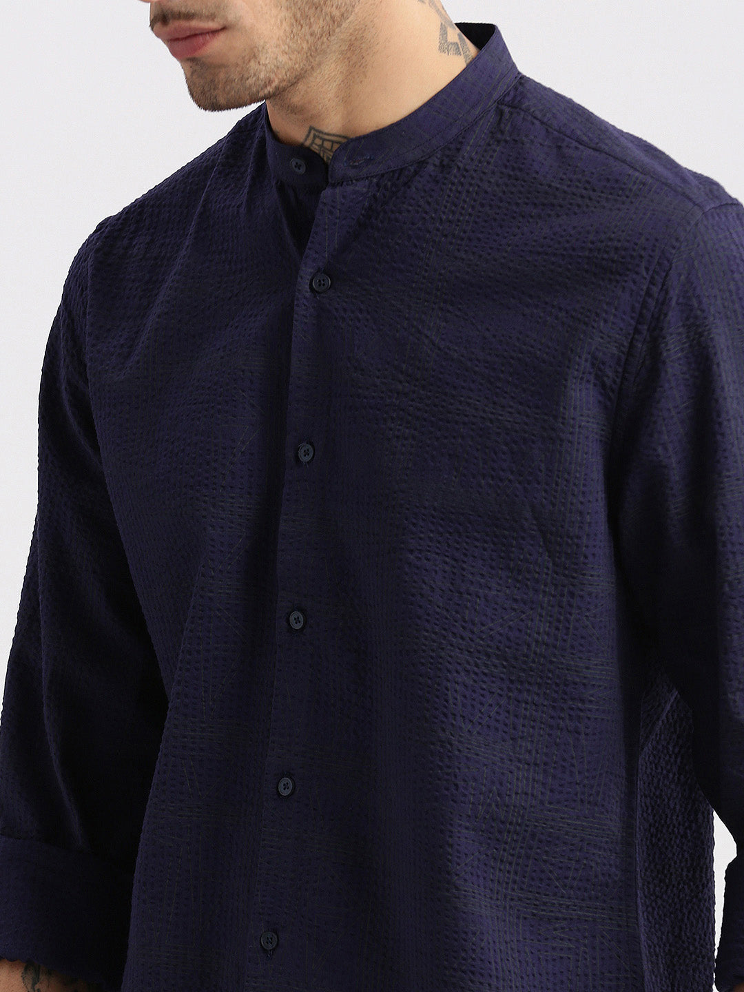 Men Mandarin Collar Geometric Navy Blue Casual Shirt