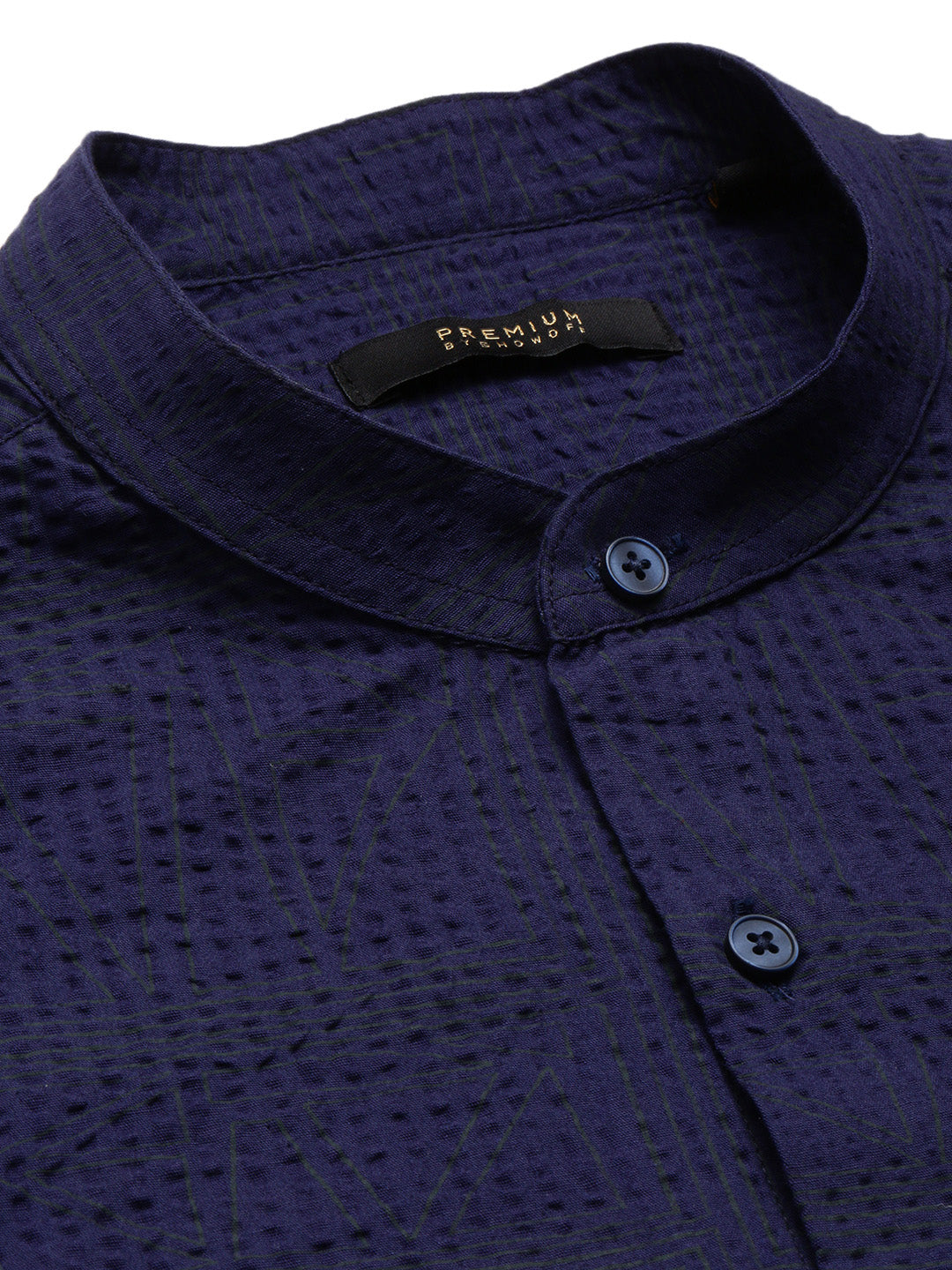 Men Mandarin Collar Geometric Navy Blue Casual Shirt