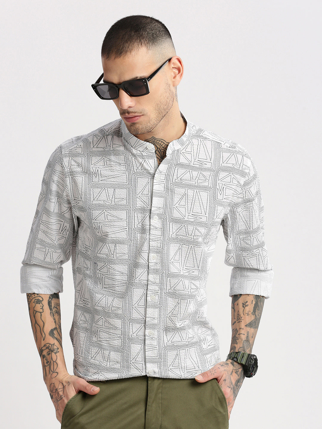 Men Mandarin Collar Geometric White Casual Shirt