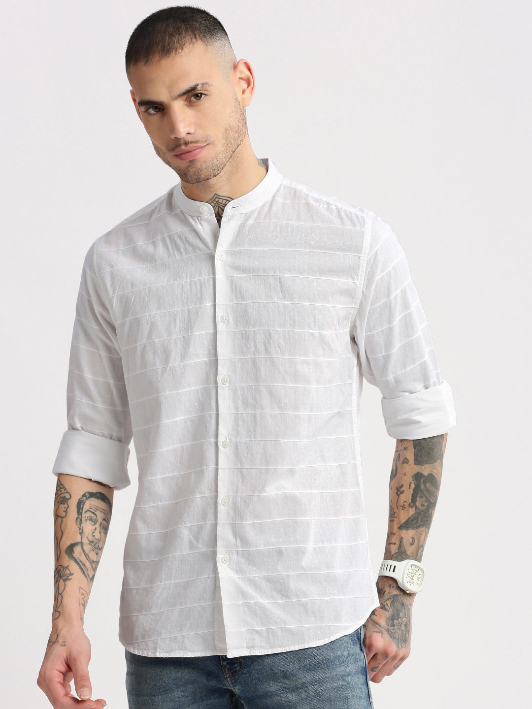 Men Mandarin Collar Horizontal Stripes White Casual Shirt