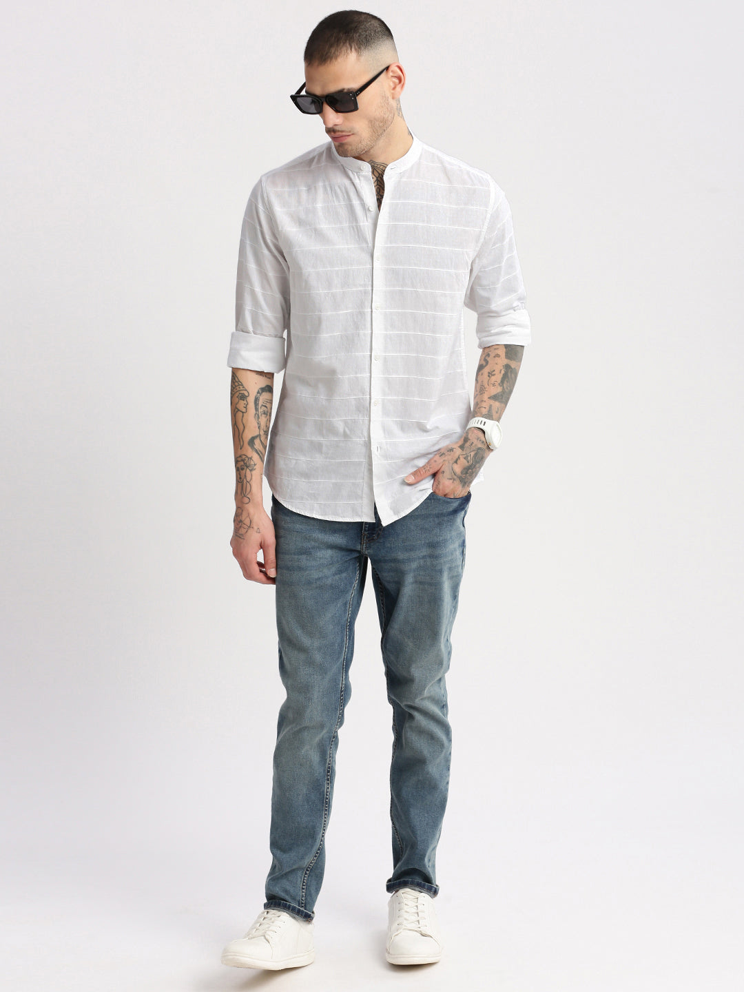 Men Mandarin Collar Horizontal Stripes White Casual Shirt