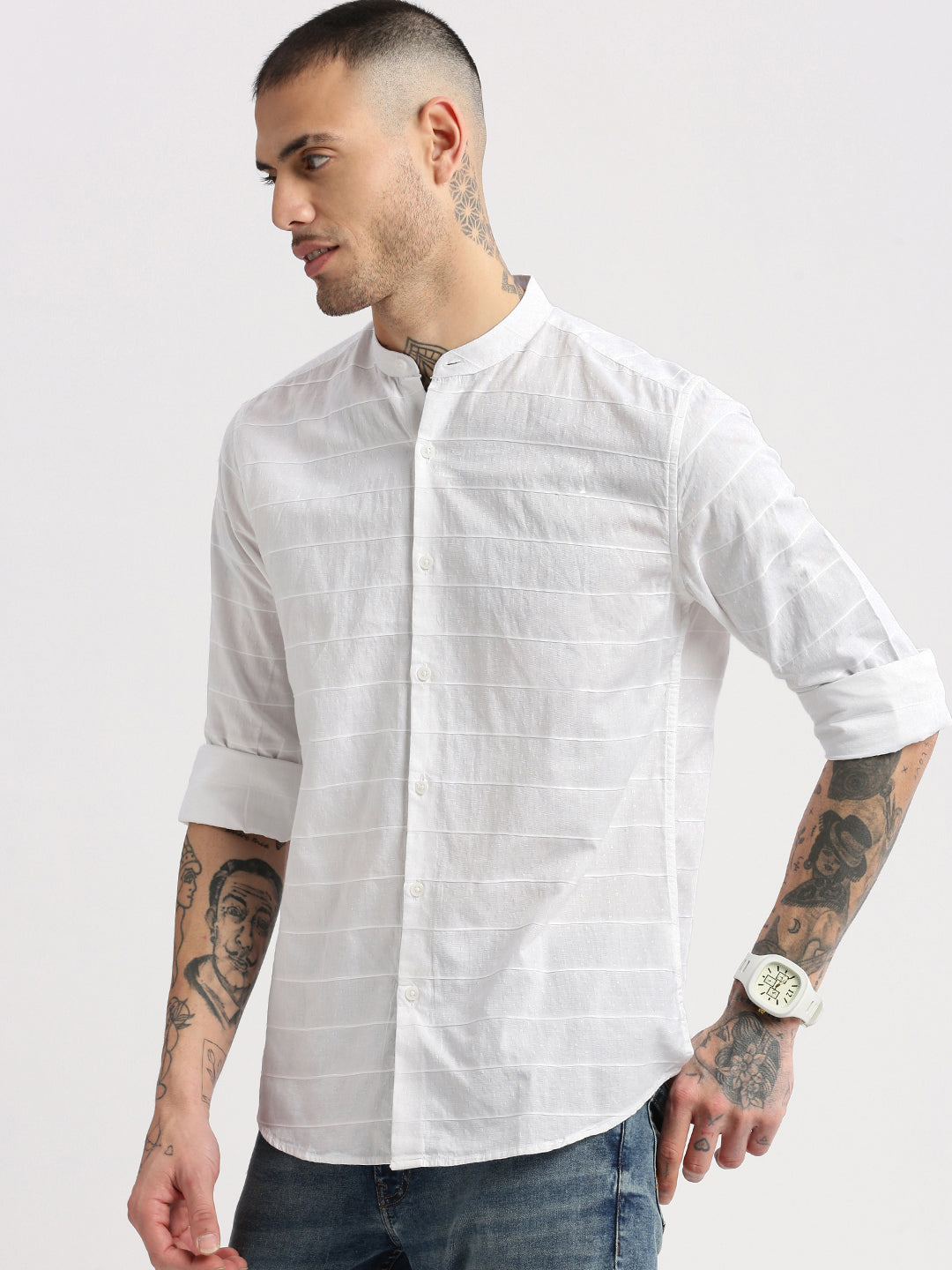 Men Mandarin Collar Horizontal Stripes White Casual Shirt