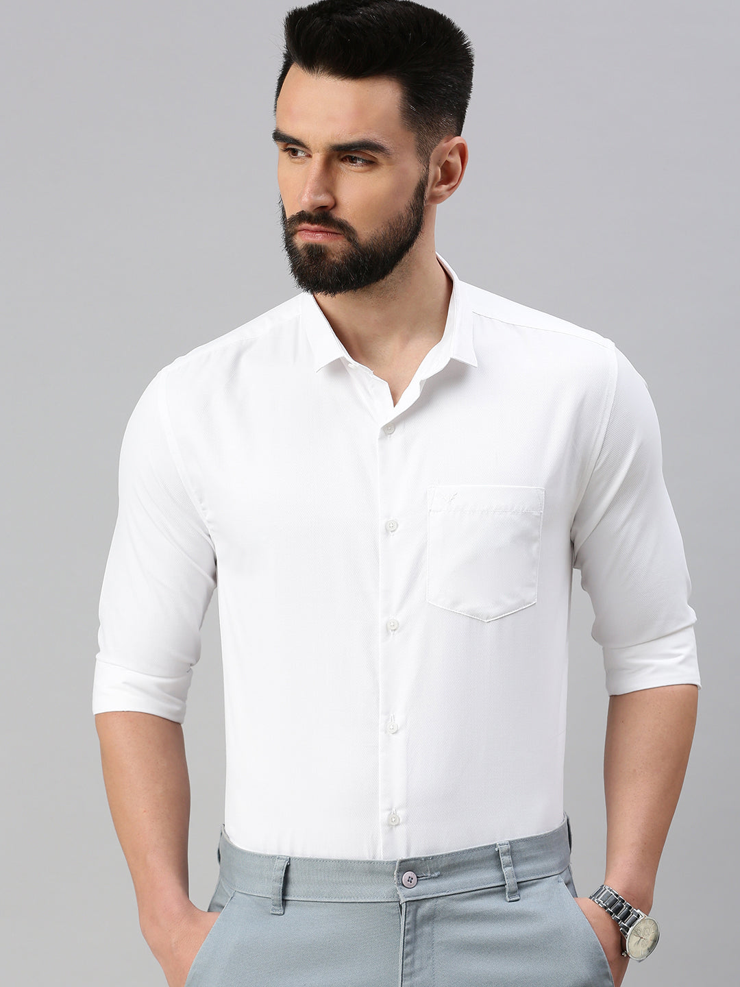 Men White Self Design Casual Shirt