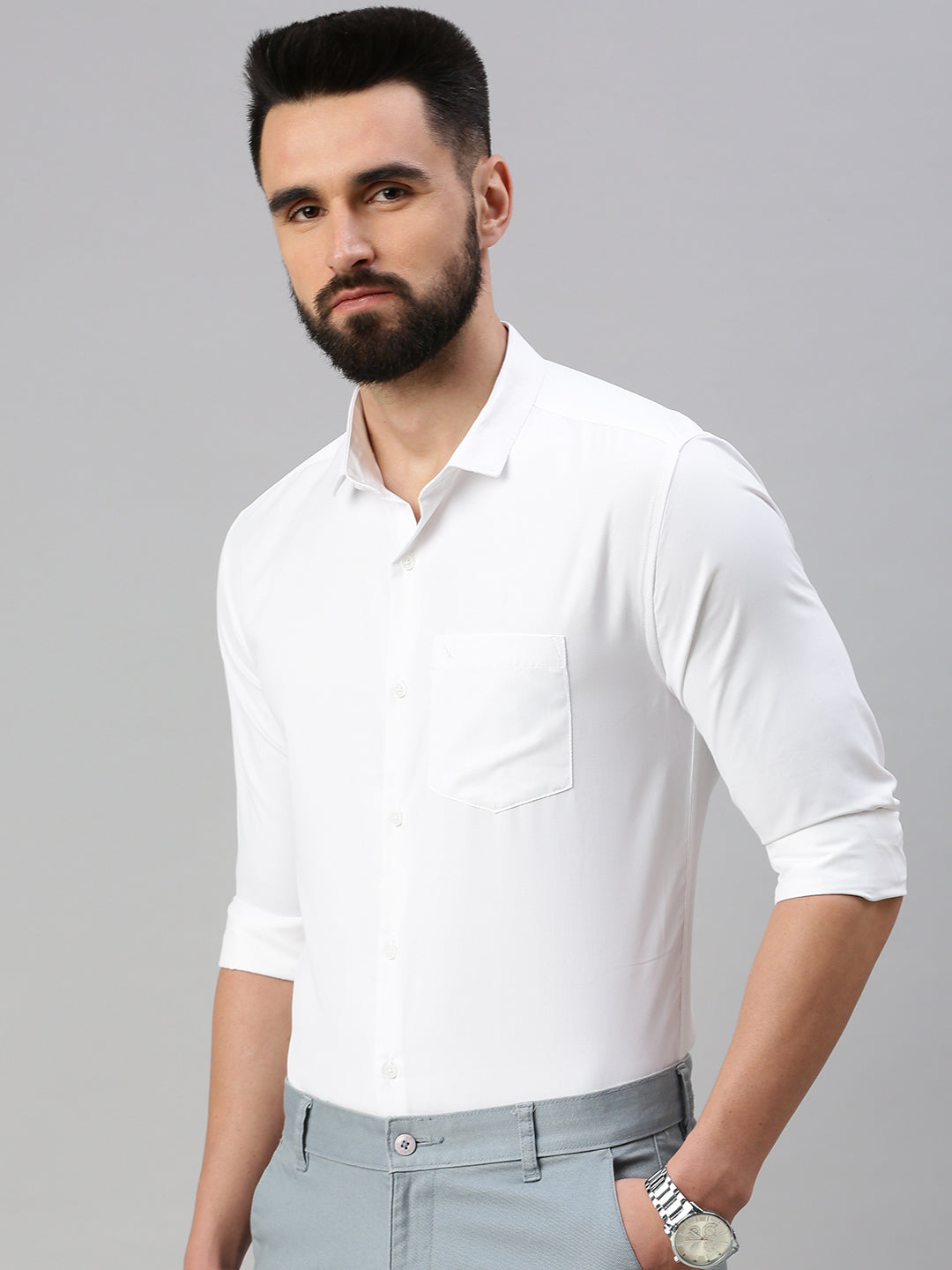 Men White Self Design Casual Shirt