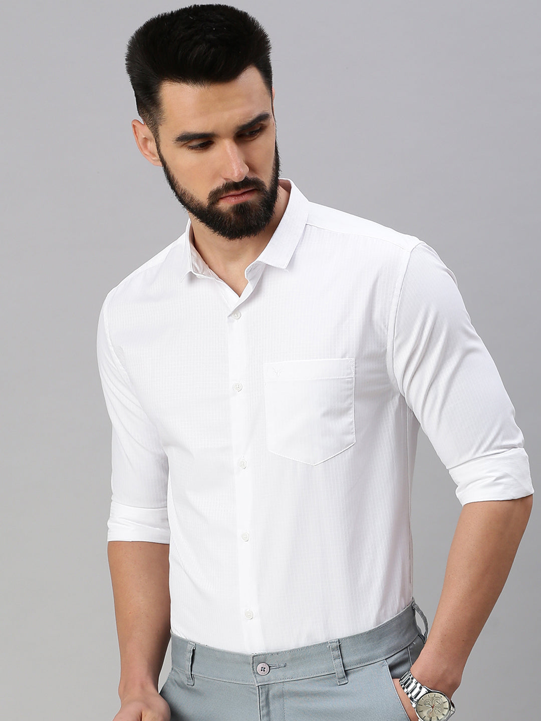 Men White Self Design Casual Shirt