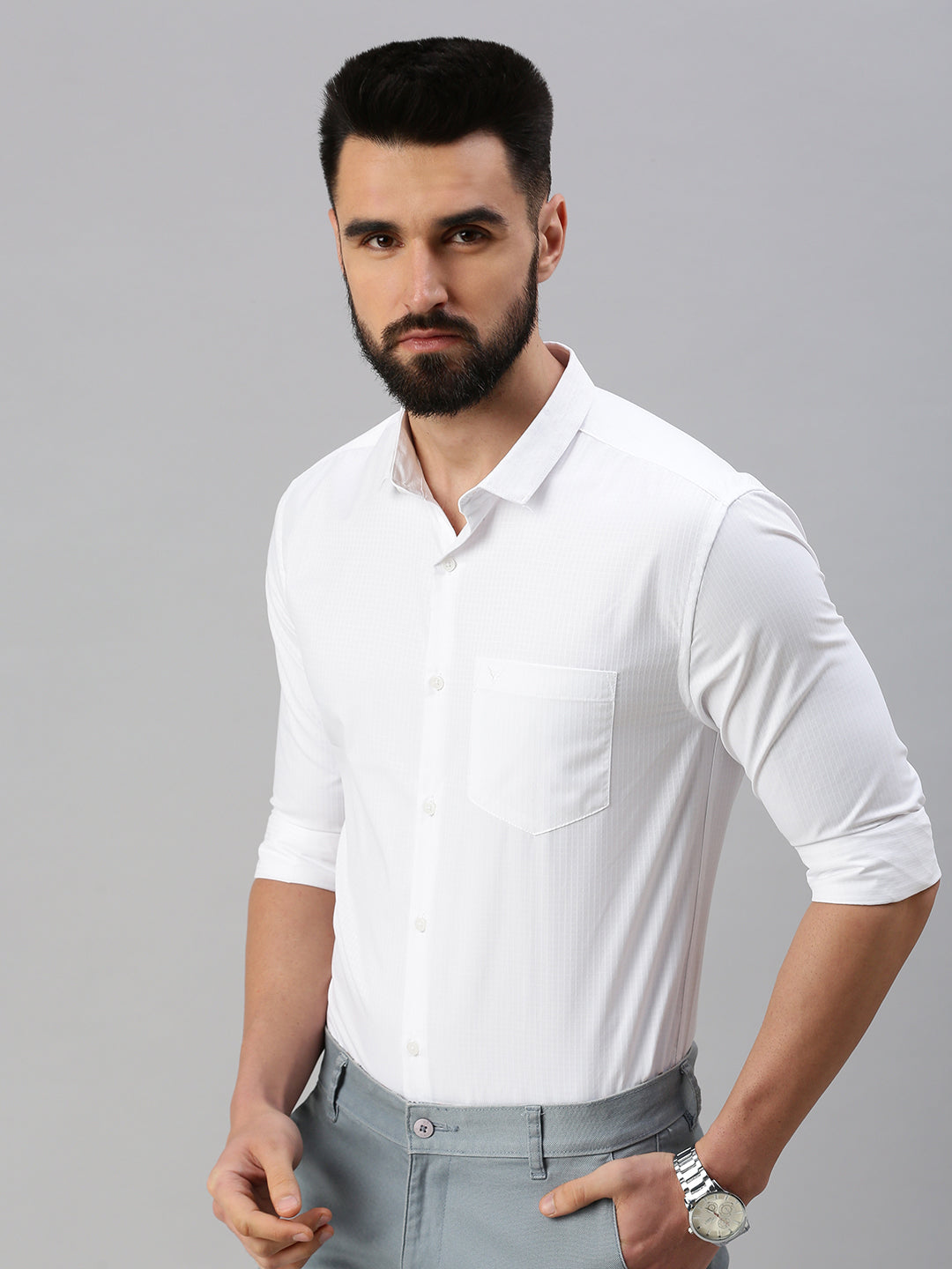 Men White Self Design Casual Shirt