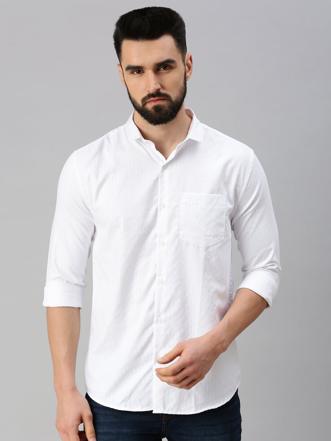 Men White Self Design Casual Shirt