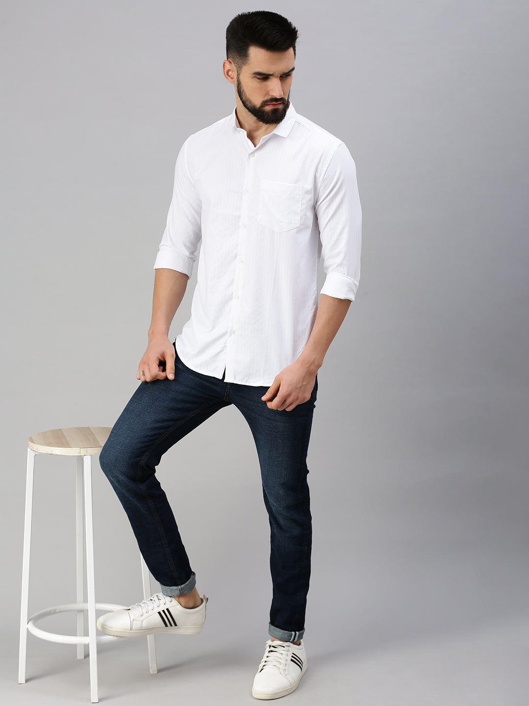 Men White Self Design Casual Shirt