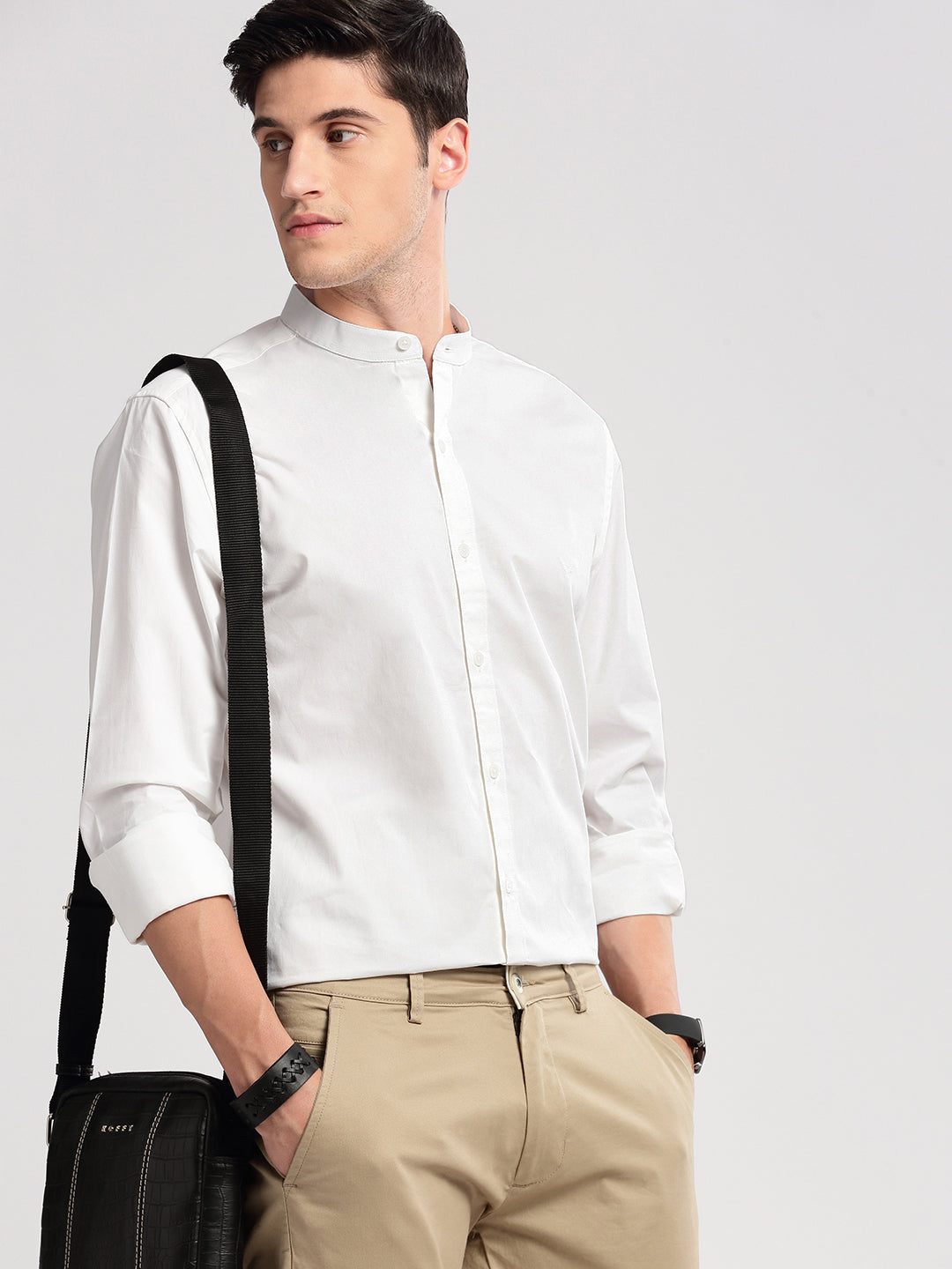 Men Mandarin Collar Solid White Casual Shirt