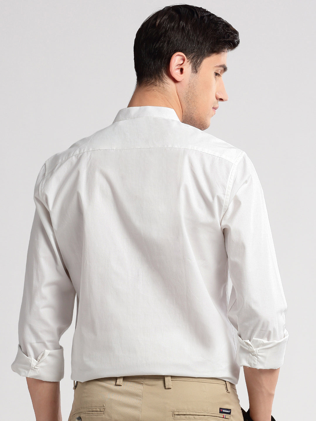 Men Mandarin Collar Solid White Casual Shirt