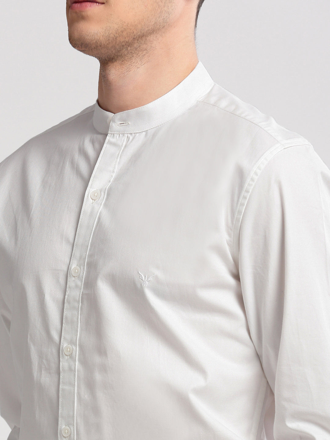 Men Mandarin Collar Solid White Casual Shirt