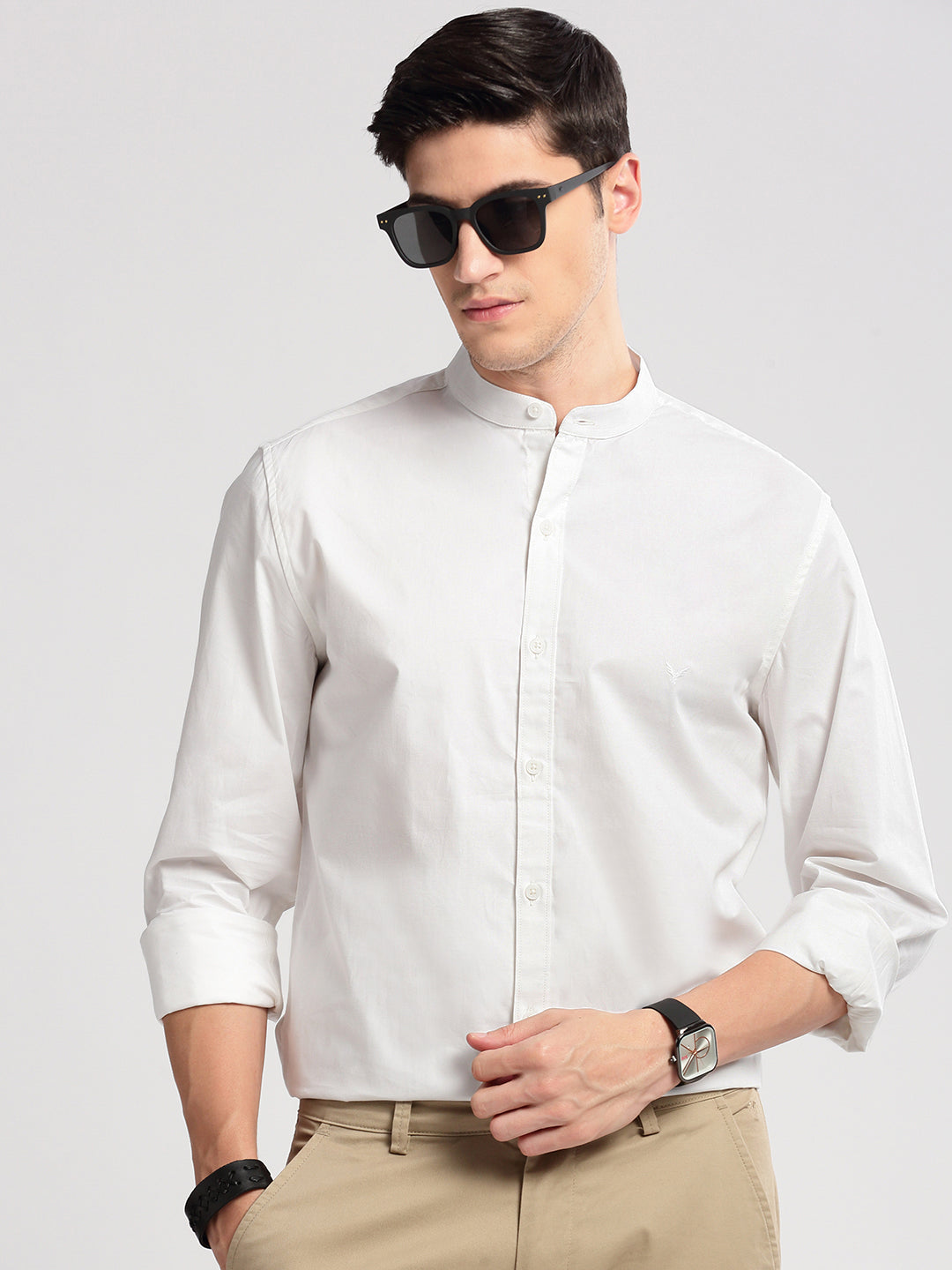 Men Mandarin Collar Solid White Casual Shirt