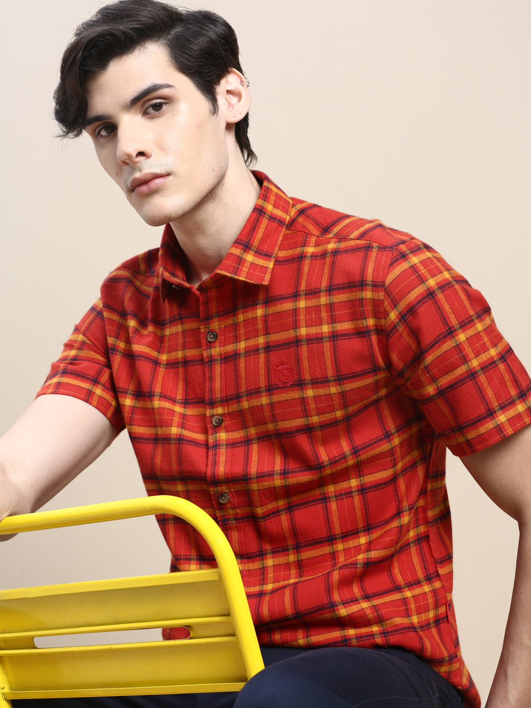 Men Rust Checked Casual Shirt