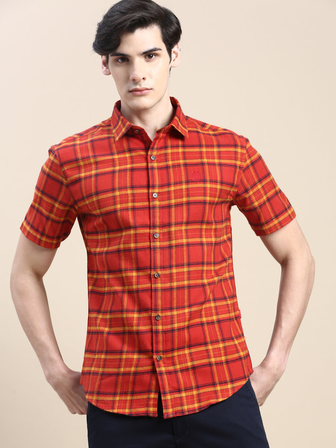 Men Rust Checked Casual Shirt