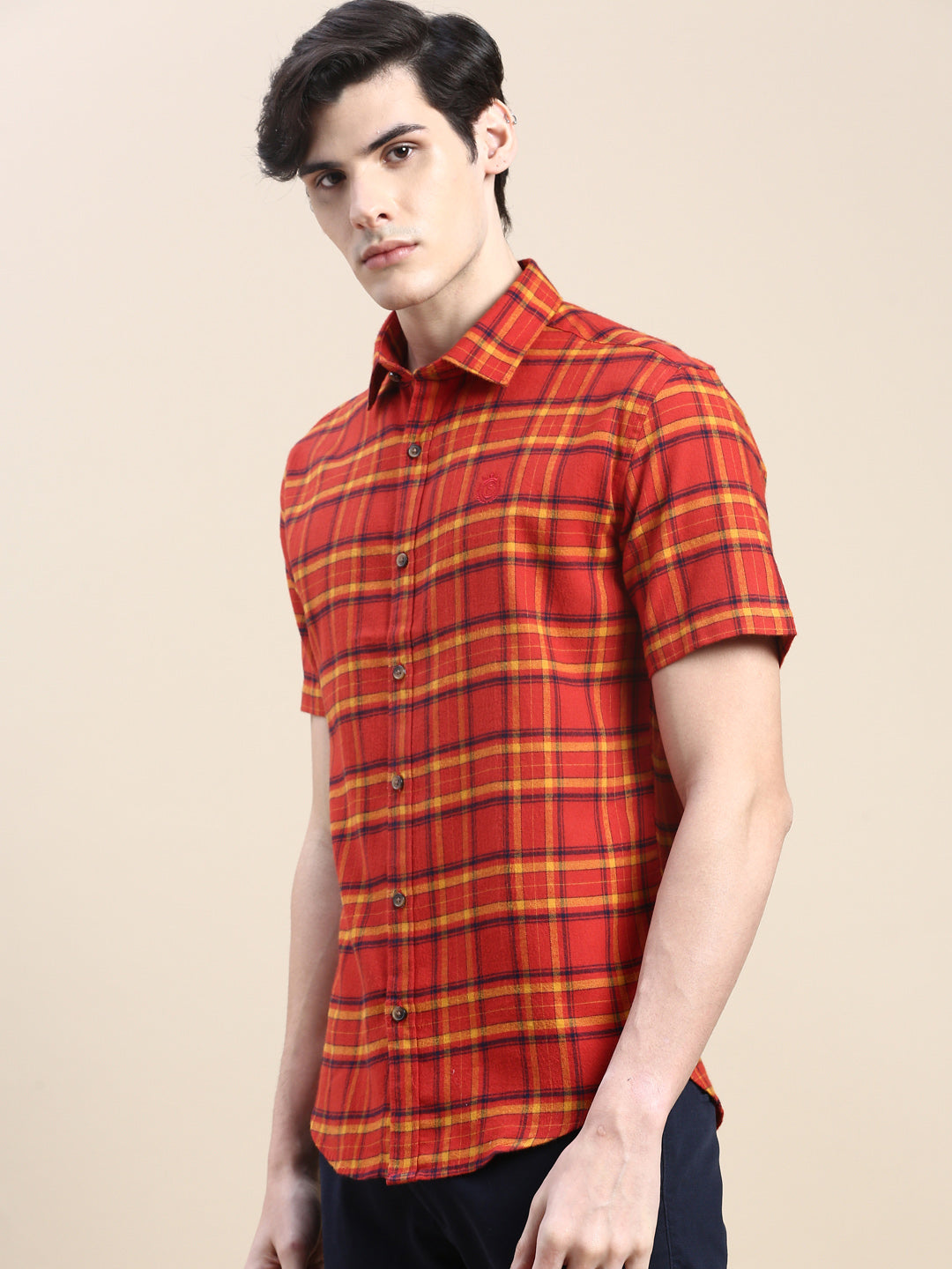 Men Rust Checked Casual Shirt