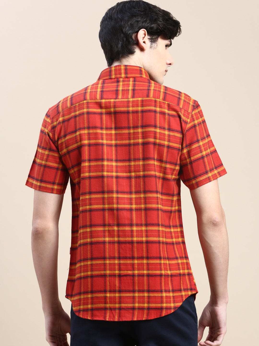 Men Rust Checked Casual Shirt