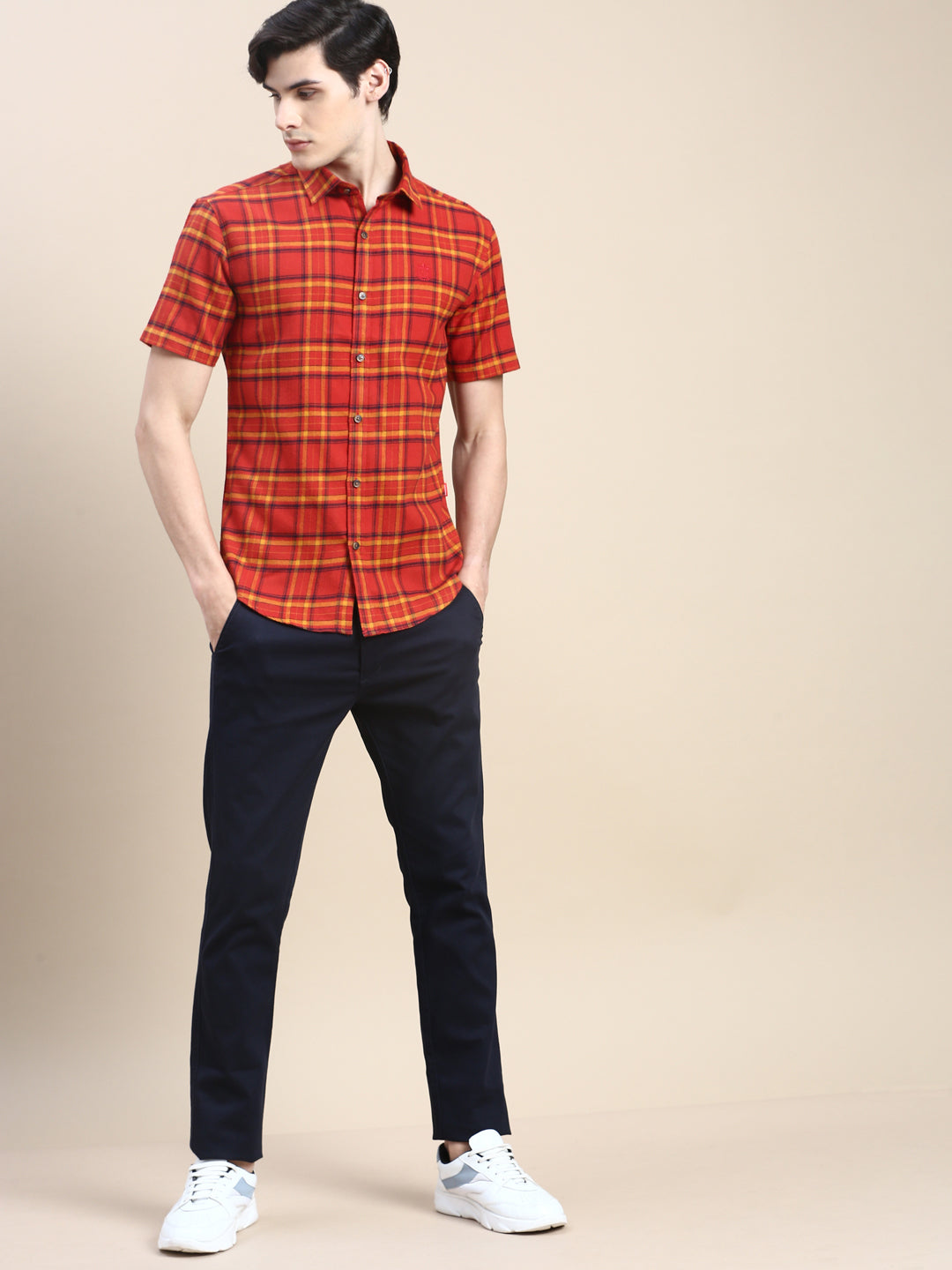 Men Rust Checked Casual Shirt