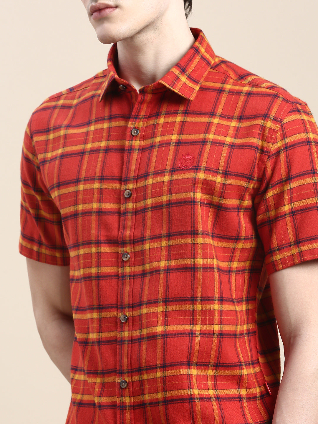 Men Rust Checked Casual Shirt