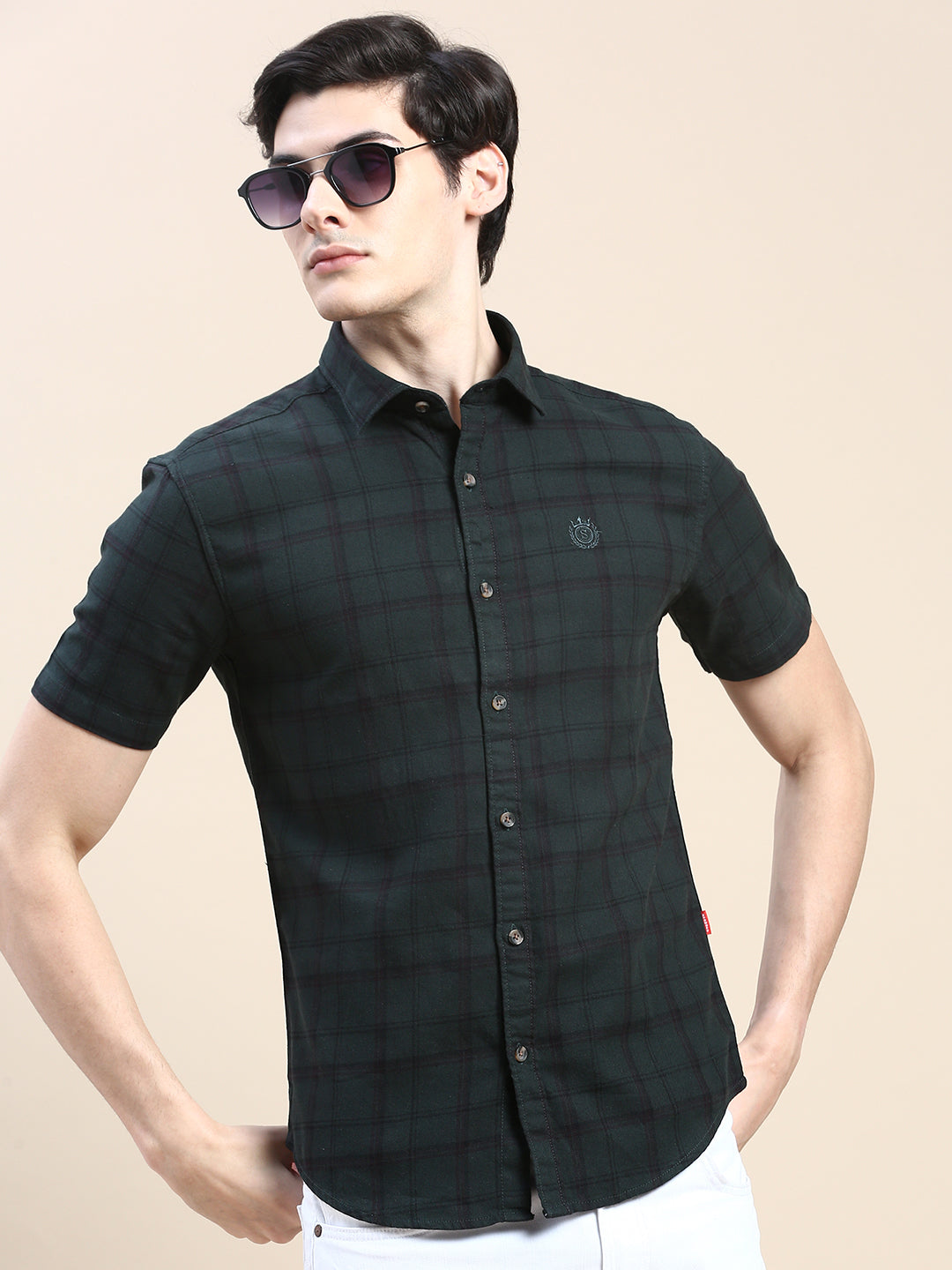 Men Green Checked Casual Shirt