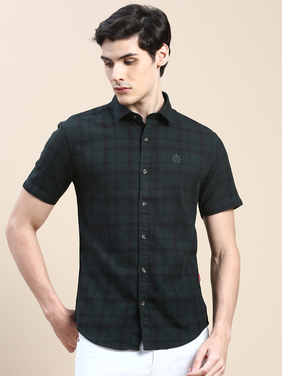 Men Green Checked Casual Shirt