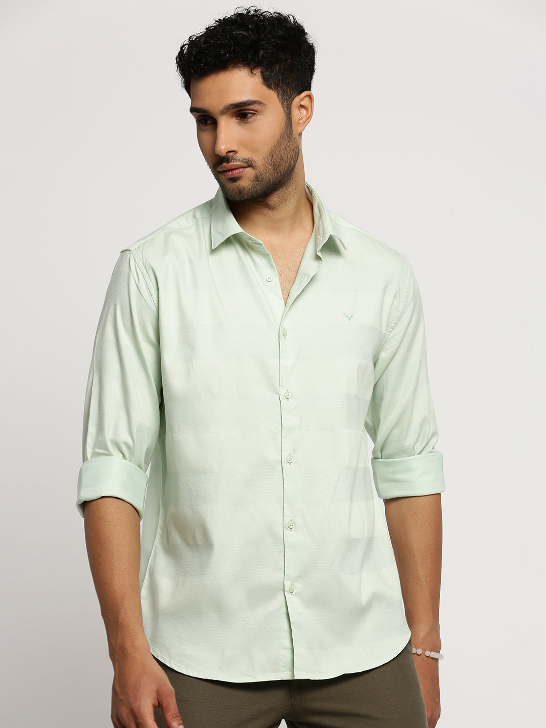 Men Sea Green Spread Collar Solid Shirt