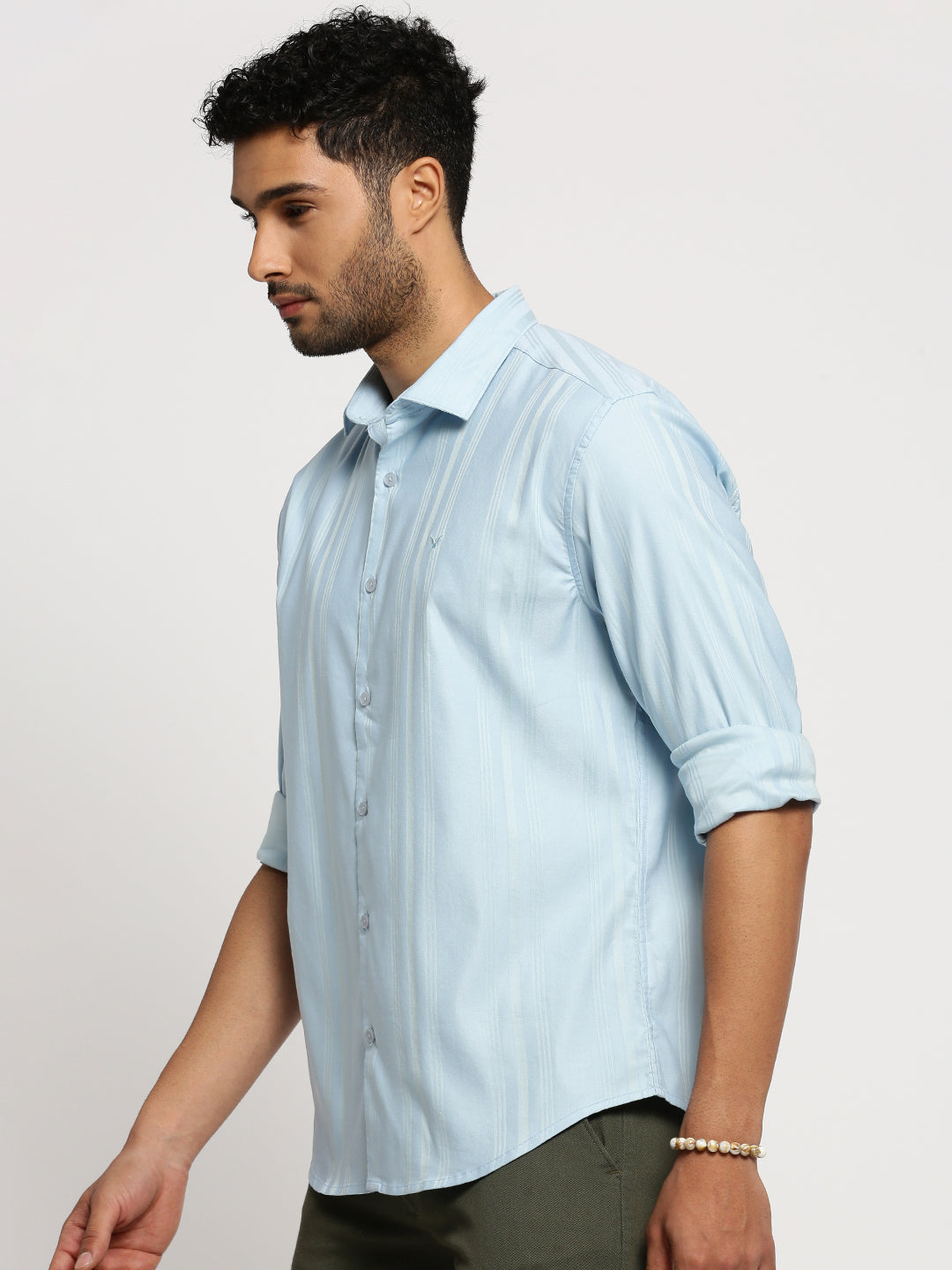 Men Blue Spread Collar Vertical Stripes Shirt