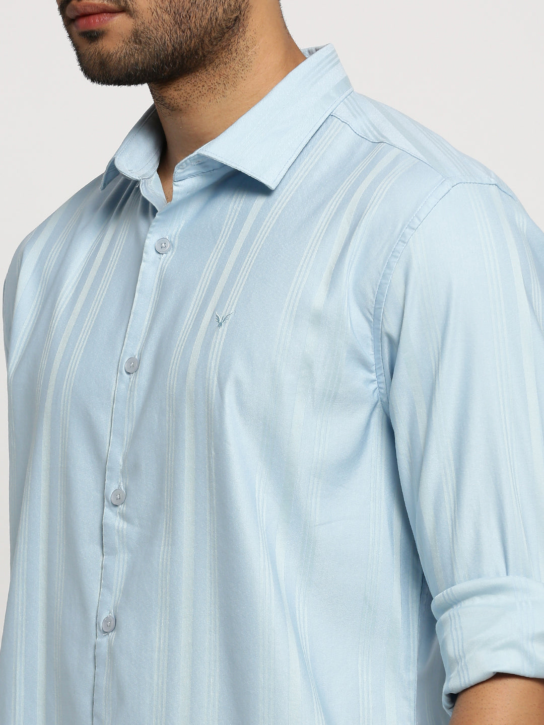 Men Blue Spread Collar Vertical Stripes Shirt