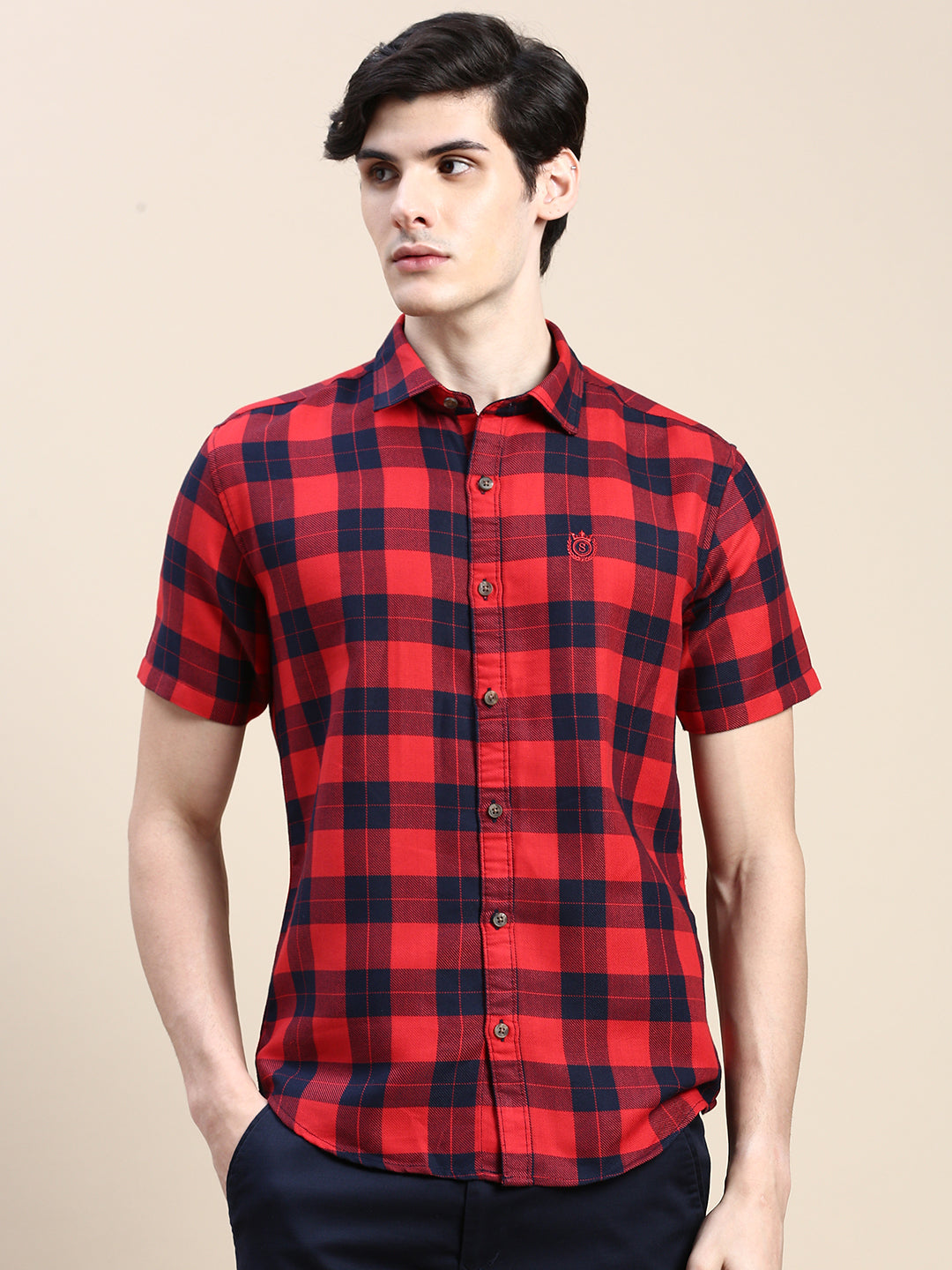 Men Red Checked Casual Shirt