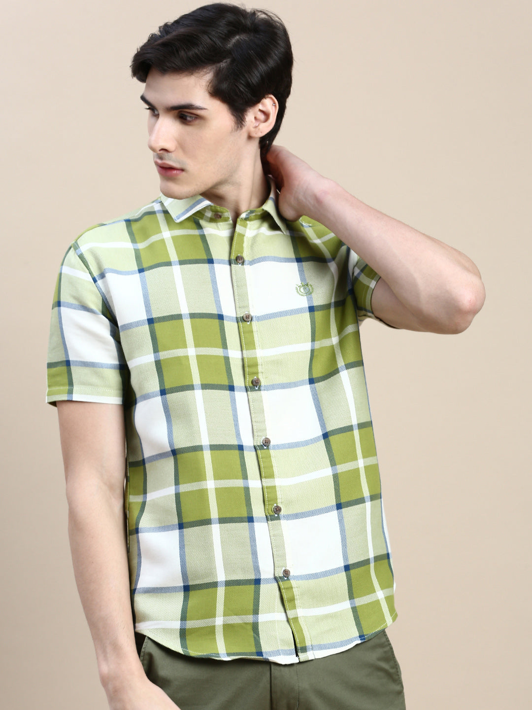 Men Green Checked Casual Shirt