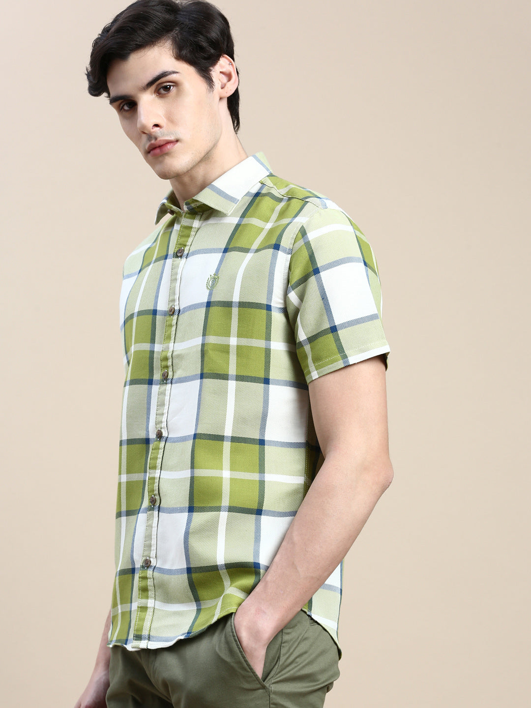 Men Green Checked Casual Shirt