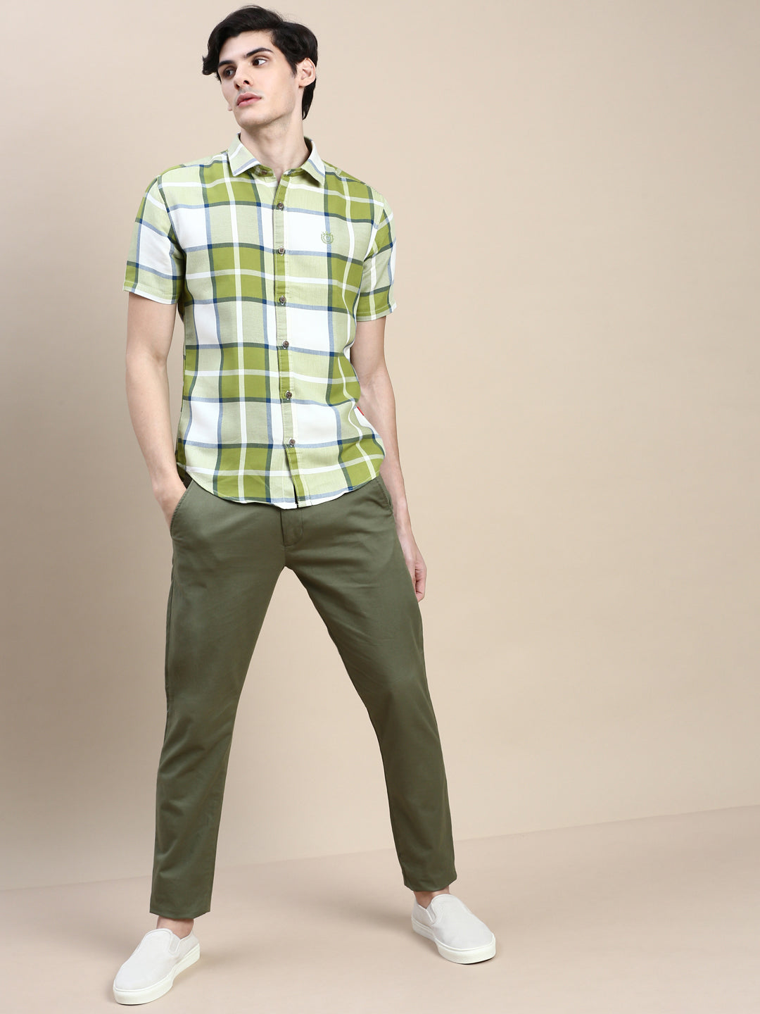 Men Green Checked Casual Shirt