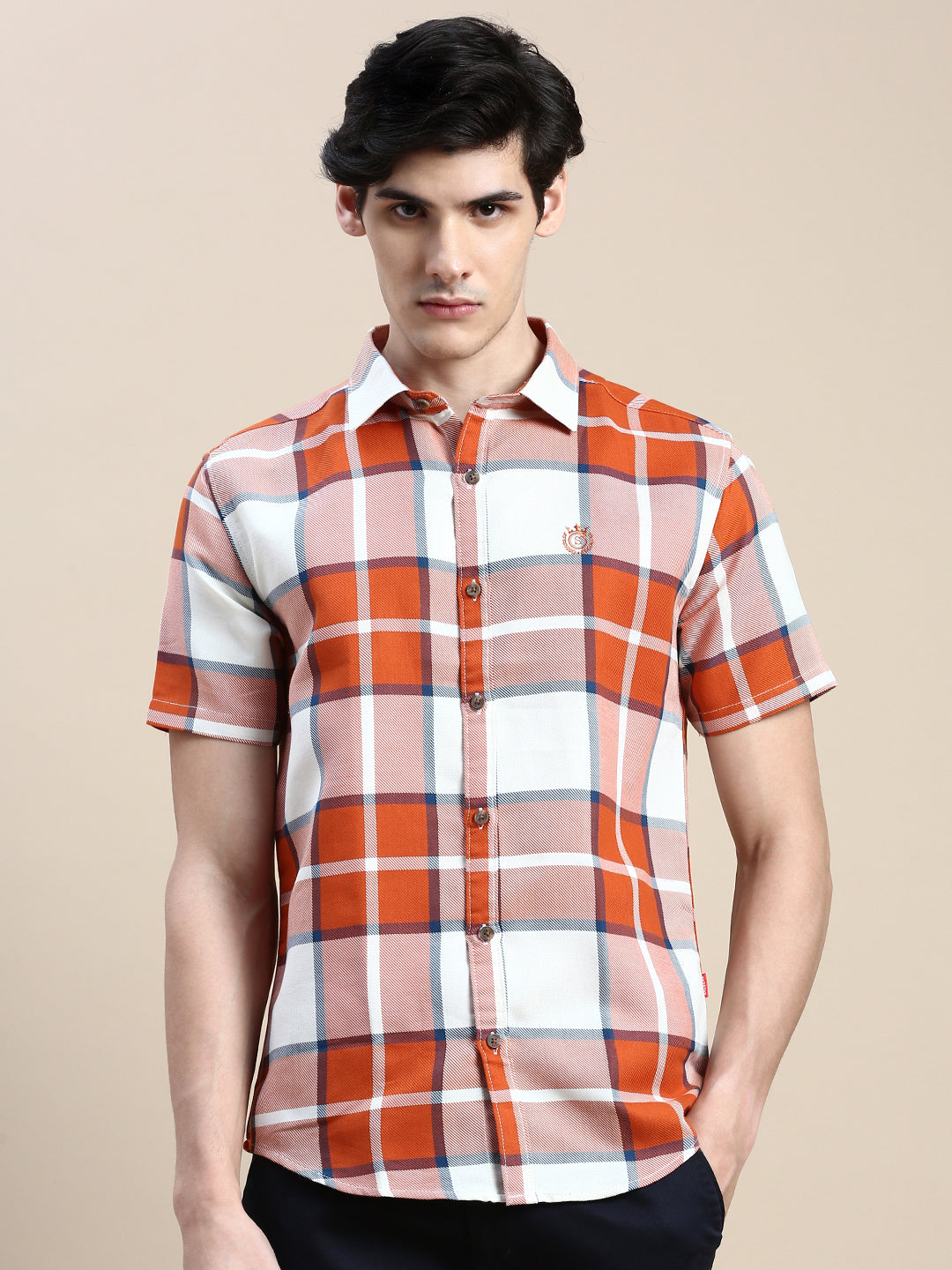 Men Orange Checked Casual Shirt