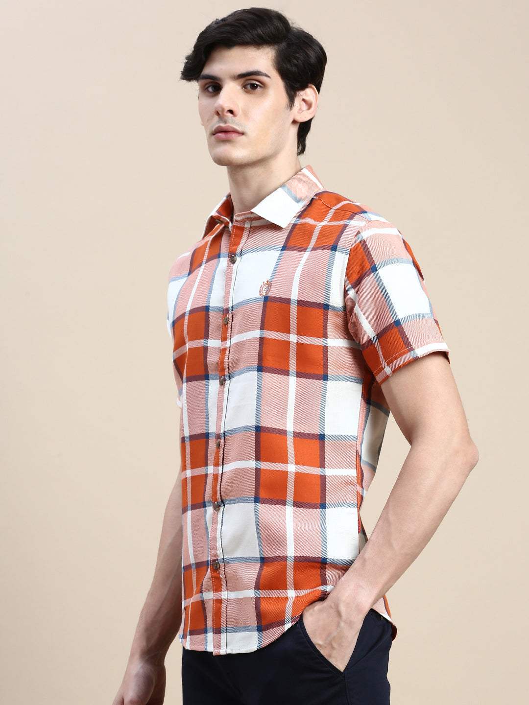 Men Orange Checked Casual Shirt